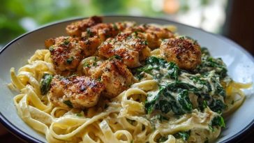 Garlic Chicken Bites & Creamy Cajun Spinach Artichoke Alfredo Pasta