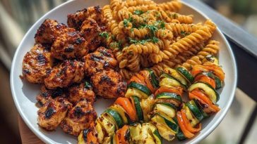 Garlic Chili Oil Chicken Bites & Cajun Alfredo with Charred Zucchini Twists