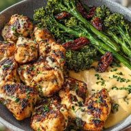 Garlic-Parmesan Chicken Bites with Sun-Dried Tomato Cajun Alfredo and Charred Broccolini