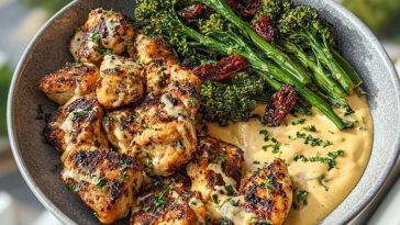 Garlic-Parmesan Chicken Bites with Sun-Dried Tomato Cajun Alfredo and Charred Broccolini