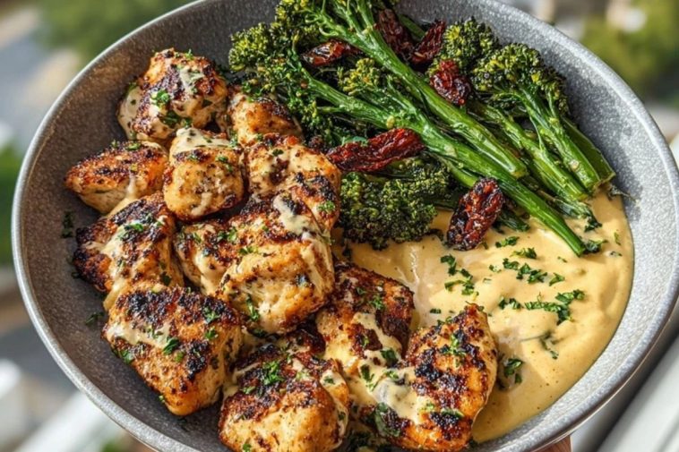 Garlic-Parmesan Chicken Bites with Sun-Dried Tomato Cajun Alfredo and Charred Broccolini