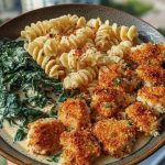 Garlic Parmesan Chicken Bites with Hot Cajun Alfredo & Crispy Spinach Twists