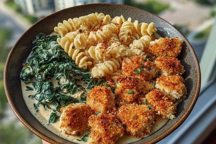 Garlic Parmesan Chicken Bites with Hot Cajun Alfredo & Crispy Spinach Twists