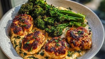 Garlic-Parmesan Chicken Bites with Sun-Dried Tomato Cajun Alfredo & Charred Broccolini