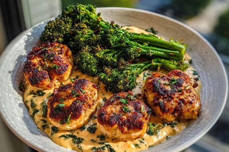 Garlic-Parmesan Chicken Bites with Sun-Dried Tomato Cajun Alfredo & Charred Broccolini