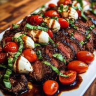 Grilled Balsamic Steak Caprese with Mozzarella, Tomatoes, and Basil