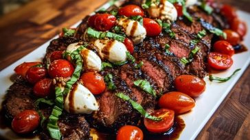 Grilled Balsamic Steak Caprese with Mozzarella, Tomatoes, and Basil