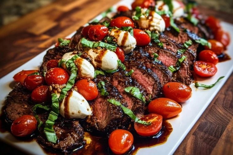 Grilled Balsamic Steak Caprese with Mozzarella, Tomatoes, and Basil