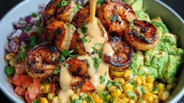 Grilled Shrimp Bowl with Avocado, Corn Salsa & Creamy Sauce