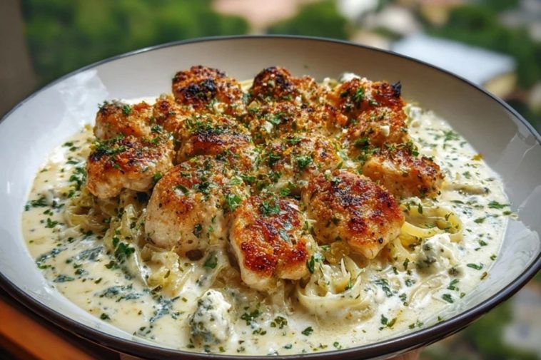 Herbed Chicken Alfredo with Truffle Feta Cream & Crispy Parmesan Leeks