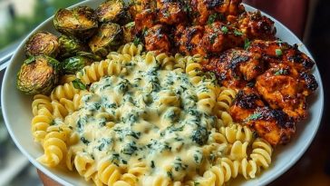 Hot Honey Cajun Chicken Alfredo with Basil Feta Swirl & Crispy Brussels Chips