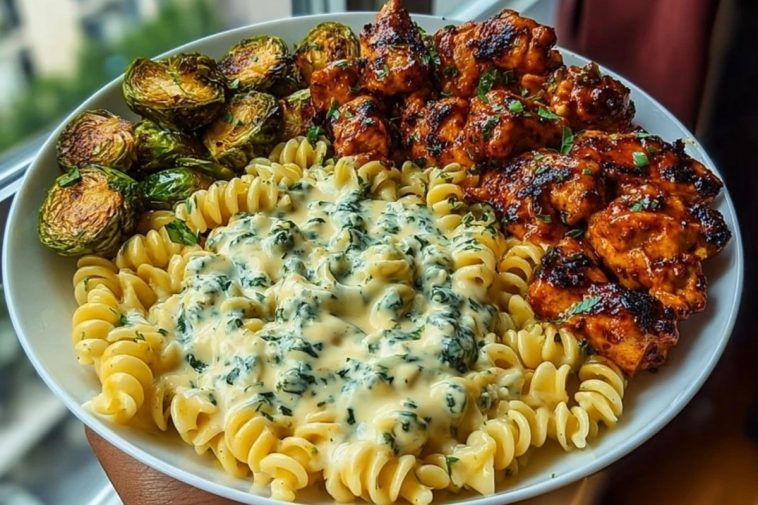 Hot Honey Cajun Chicken Alfredo with Basil Feta Swirl & Crispy Brussels Chips