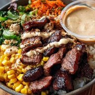 Korean BBQ Beef Bowl with Corn & Creamy Sauce