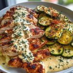 Lemon Dill Chicken Alfredo with Roasted Red Pepper Whipped Feta & Crispy Parmesan Zucchini