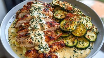 Lemon Dill Chicken Alfredo with Roasted Red Pepper Whipped Feta & Crispy Parmesan Zucchini