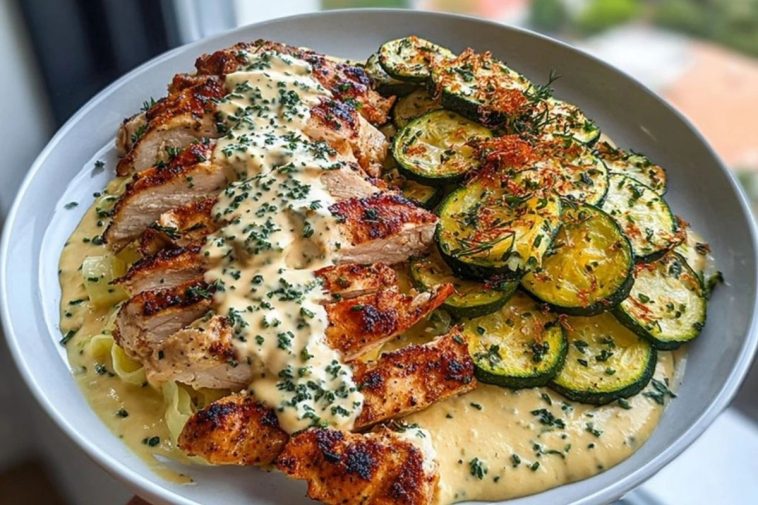 Lemon Dill Chicken Alfredo with Roasted Red Pepper Whipped Feta & Crispy Parmesan Zucchini