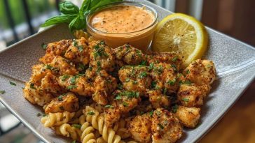 Lemon Pepper Chicken Bites & Roasted Red Pepper Cajun Alfredo Twists