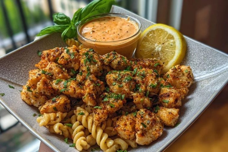 Lemon Pepper Chicken Bites & Roasted Red Pepper Cajun Alfredo Twists