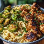 Maple Garlic Chicken Bites with Spicy Cajun Alfredo & Crispy Brussels Twists