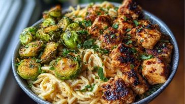 Maple Garlic Chicken Bites with Spicy Cajun Alfredo & Crispy Brussels Twists