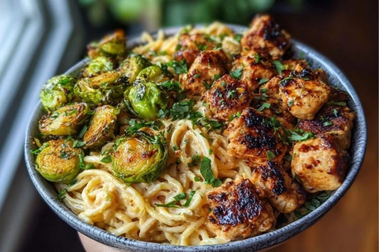 Maple Garlic Chicken Bites with Spicy Cajun Alfredo & Crispy Brussels Twists