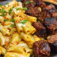 Penne with Creamy Velveeta Four-Cheese and Cajun Beef Bites