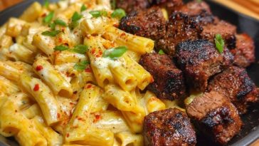 Penne with Creamy Velveeta Four-Cheese and Cajun Beef Bites