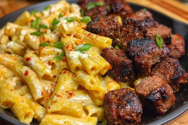 Penne with Creamy Velveeta Four-Cheese and Cajun Beef Bites
