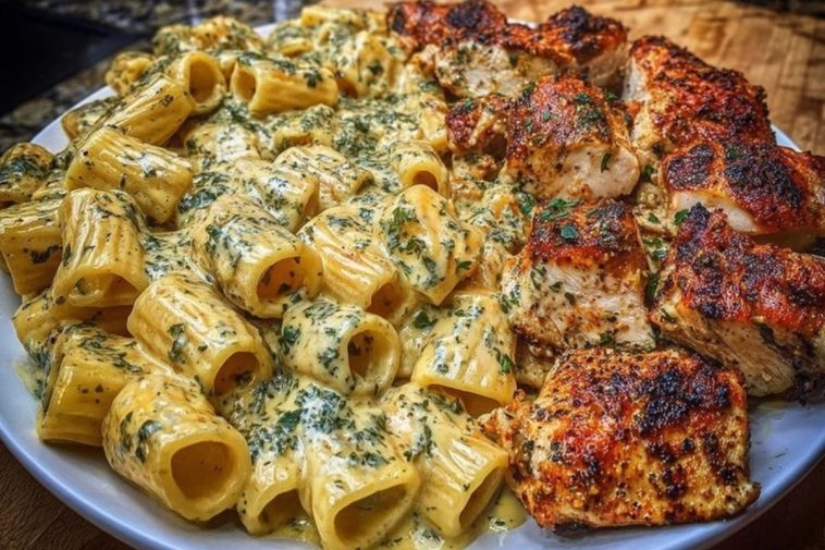 Rigatoni in Cheesy Italian Herb Alfredo with Cajun Chicken