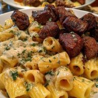 Rigatoni in Garlic Butter Parmesan Cream Sauce with Cajun Steak Tips