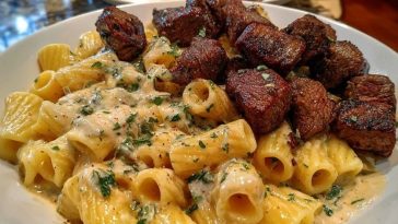 Rigatoni in Garlic Butter Parmesan Cream Sauce with Cajun Steak Tips