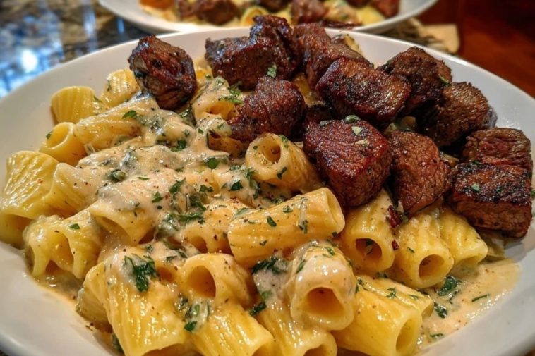 Rigatoni in Garlic Butter Parmesan Cream Sauce with Cajun Steak Tips