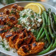 Smoky Paprika Chicken Alfredo with Lemon Feta Whip & Charred Green Beans