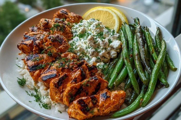 Smoky Paprika Chicken Alfredo with Lemon Feta Whip & Charred Green Beans