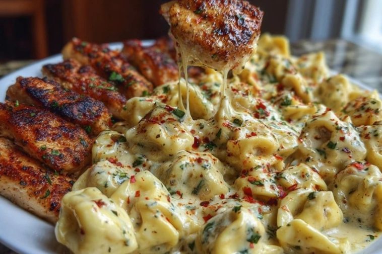 Spicy Garlic Chicken Tortellini in Cheesy Alfredo Cream