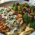 Spinach-Artichoke Greek Chicken Alfredo & Crispy Parmesan Broccoli with Mushroom Basil Cream