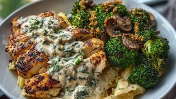 Spinach-Artichoke Greek Chicken Alfredo & Crispy Parmesan Broccoli with Mushroom Basil Cream