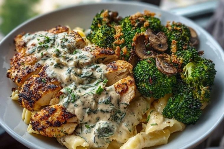 Spinach-Artichoke Greek Chicken Alfredo & Crispy Parmesan Broccoli with Mushroom Basil Cream