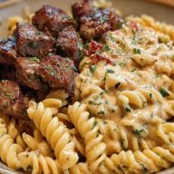 Steak Bites in Garlic Parmesan Sauce over Rotini