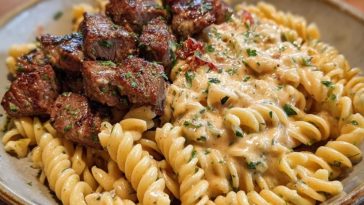 Steak Bites in Garlic Parmesan Sauce over Rotini