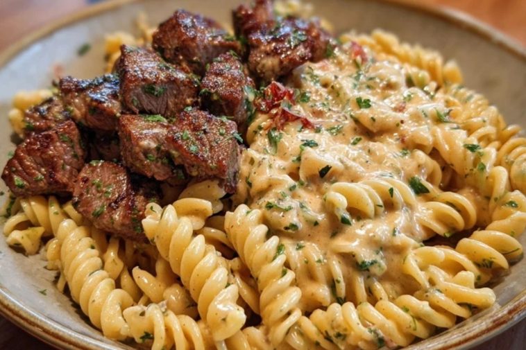 Steak Bites in Garlic Parmesan Sauce over Rotini