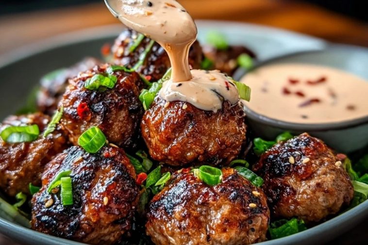 Tender Korean BBQ Meatballs with Spicy Mayo Dip