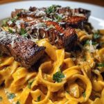 Velveeta Steak Fettuccine with Garlic Butter Cream Sauce