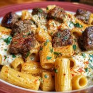 Cajun Garlic Butter Linguine with Tender Beef Strips Rigatoni