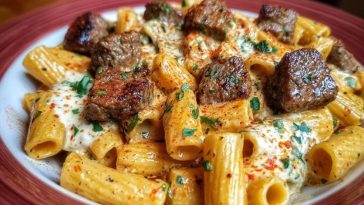 Cajun Garlic Butter Linguine with Tender Beef Strips Rigatoni