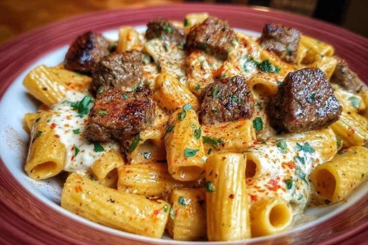 Cajun Garlic Butter Linguine with Tender Beef Strips Rigatoni