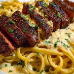 Cajun Garlic Butter Steak over Creamy Parmesan Linguine