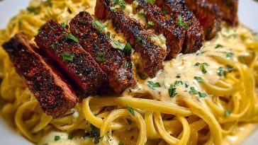Cajun Garlic Butter Steak over Creamy Parmesan Linguine