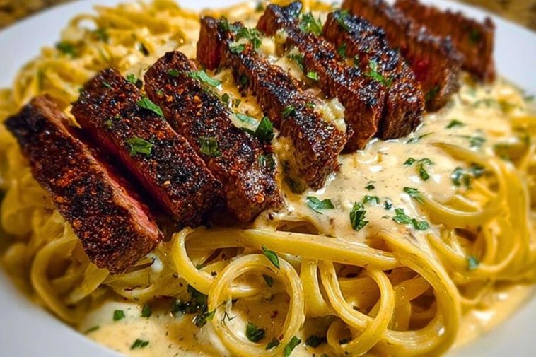 Cajun Garlic Butter Steak over Creamy Parmesan Linguine