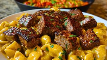 Cajun Steak Bites with Cheesy Garlic Shell Pasta Skillet